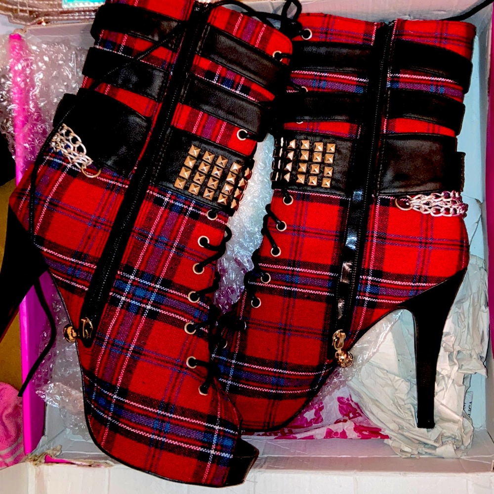 Abbey Dawn Peep Toe Rocker Heels Tartan, Size 9